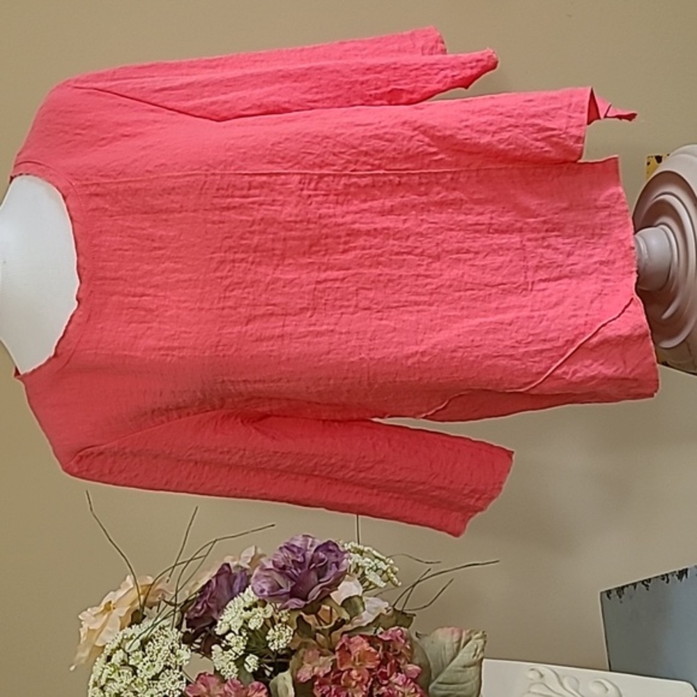 Kristin Crenshaw Tunic Top Crinkle Asymmetrical Hemline 3/4 slv Pink Coral Larg